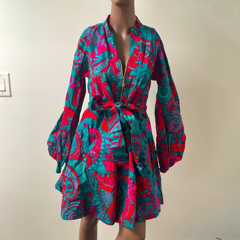 Ace Kouture Amauche Dress Jacket Floral Zipper Belt Cotton Pink Blue Small